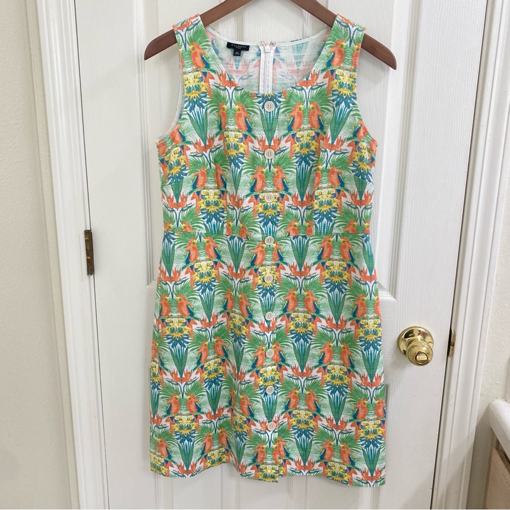 Talbots 6P Sleeveless Cotton Dress Tropical Parrot Print Button Front